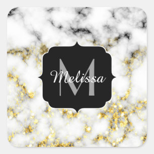 Black and white marble gold sparkle flake Monogram Square Sticker