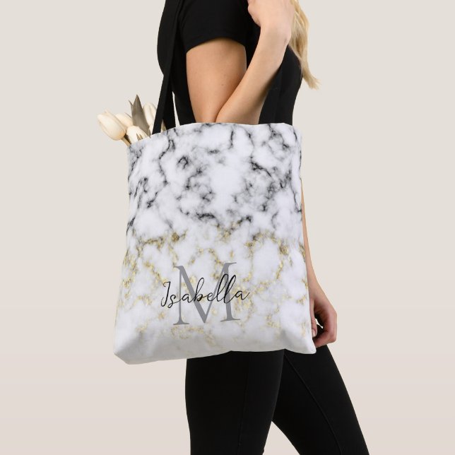 Black and white marble gold sparkle flake Monogram Tote Bag (Close Up)