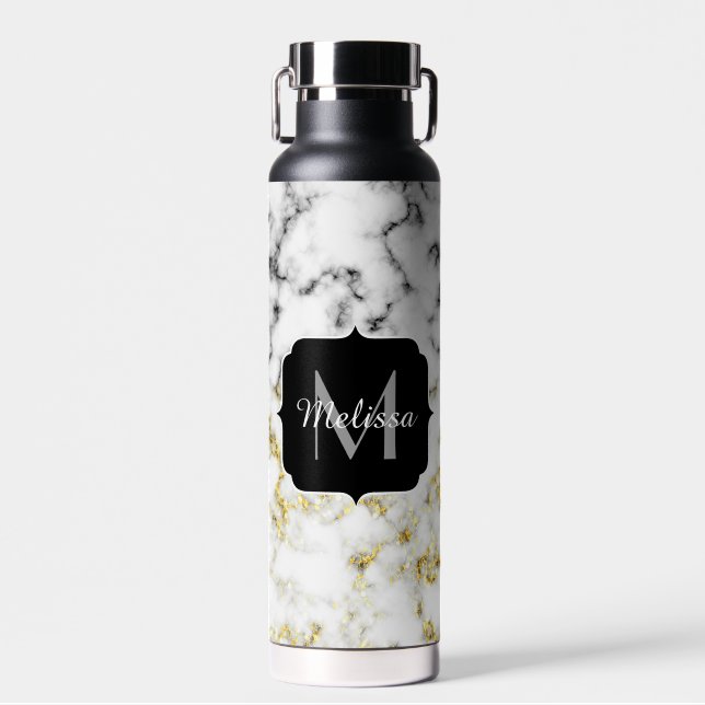 Black and white marble gold sparkle flake Monogram Water Bottle (Front)
