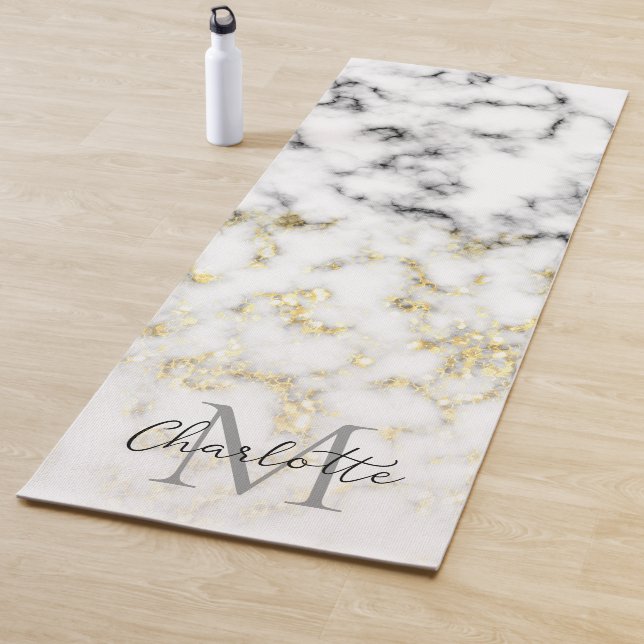 Black and white marble gold sparkle flake Monogram Yoga Mat (In Situ)