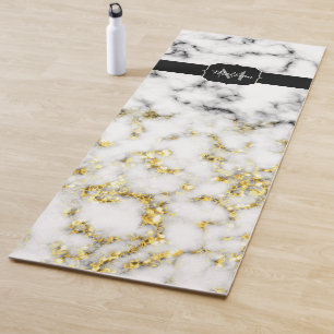 Black and white marble gold sparkle flake Monogram Yoga Mat