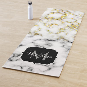 Black and white marble gold sparkle flake Monogram Yoga Mat