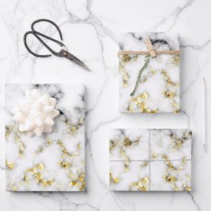 Black and white marble gold sparkle flakes wrapping paper sheet