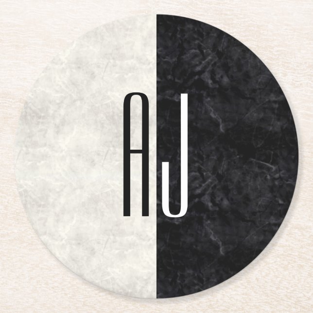 Black and White Marble Initial Monogrammed Round Paper Coaster (Front)