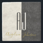 Black and White Marble Initials Monogrammed Stone Coaster<br><div class="desc">Modern,  black and white marble in combination with gold custom casual font name. Simple,  minimal stone coaster,  with giant initials. 
All graphic elements are free for change,  move or even remove - make your best combination!</div>