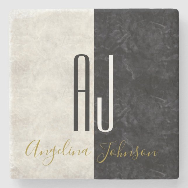 Black and White Marble Initials Monogrammed Stone Coaster (Front)