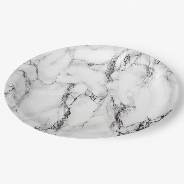 black and white marble look paper plate (Angled)