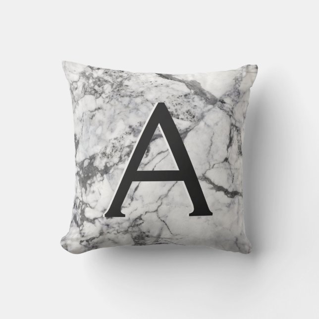 Black and White Marble Monogrammed Initial Throw Pillow (Front)