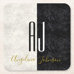 Black and White Marble Monogrammed Square Paper Coaster