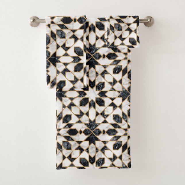 Black and White Marble Moroccan Mosaic  Bath Towel Set (Insitu)