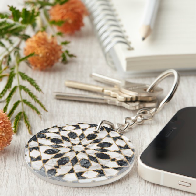 Black and White Marble Moroccan Mosaic Keychain (Front Right)