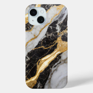 Black and White Marble Pattern with Gold iPhone 15 Case