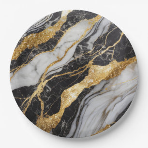 Black and White Marble Pattern with Gold Paper Plate