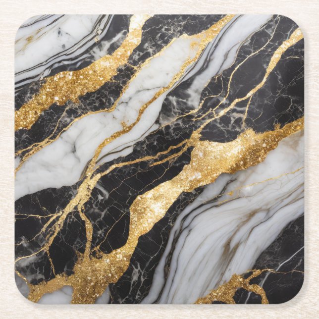 Black and White Marble Pattern with Gold Square Paper Coaster (Front)