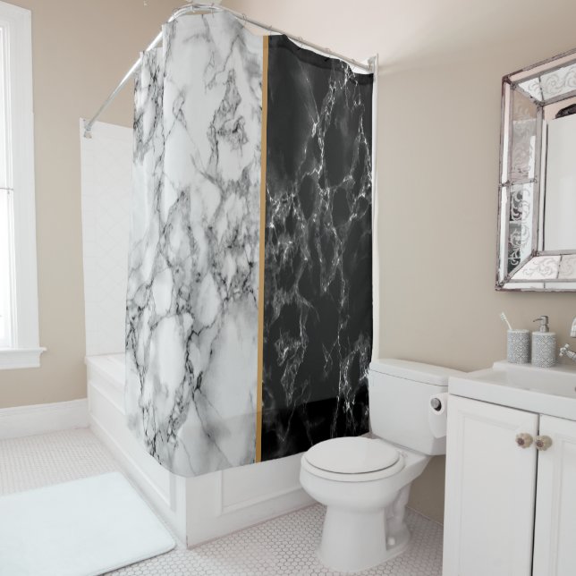 Black and White Marble Shower Curtain (In Situ)