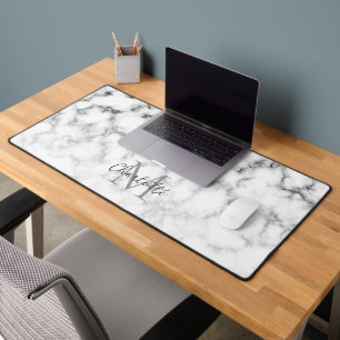 Black and white marble sparkle flake Monogram Desk Mat