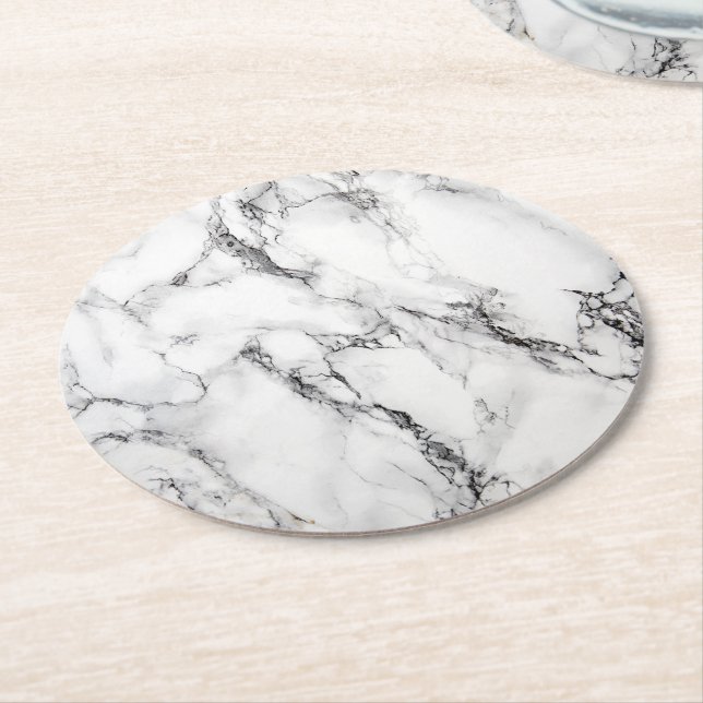 black and white marble texture round paper coaster (Angled)
