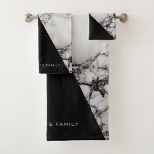Black And White Marbled Bath Towel Set