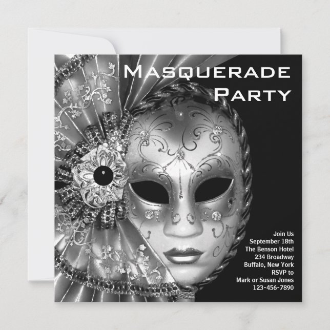 Black and White Masquerade Party Invitation (Front)