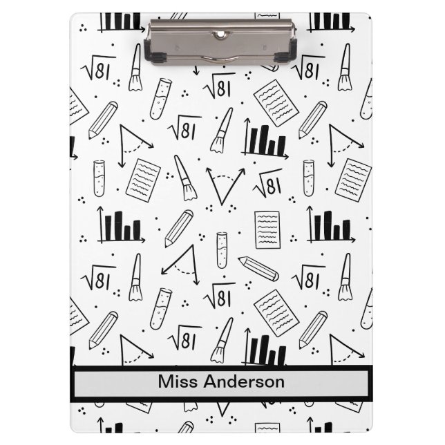 Black and White Math Themed Customizable Teacher's Clipboard (Front)