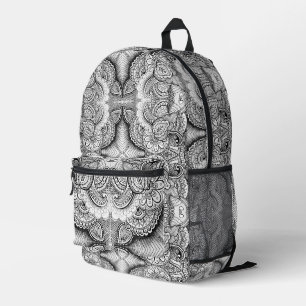 Black and White Maximalist Floral Mandala Artistic Printed Backpack