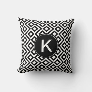 Black and White Meander with Custom Monogram Throw Pillow