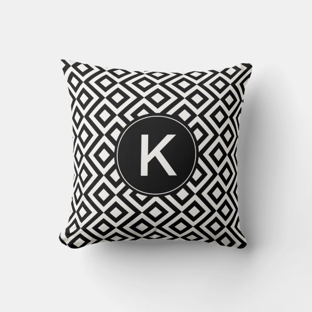 Black and White Meander with Custom Monogram Throw Pillow (Front)