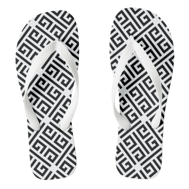 Black and white Meandering Greek Key Pattern Flip Flops (Footbed)