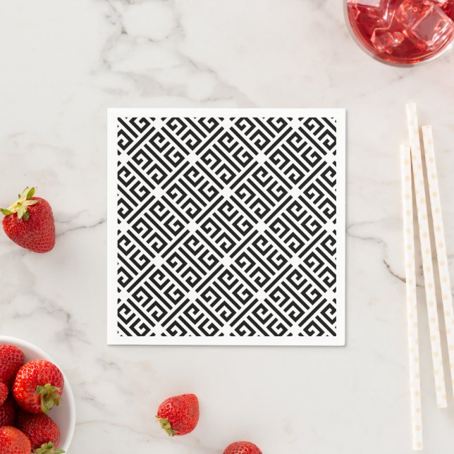 Black and white Meandering Greek Key Pattern Napkin (Insitu)