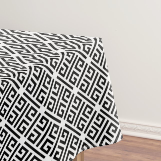 Black and white Meandering Greek Key Pattern Table Tablecloth (In Situ)