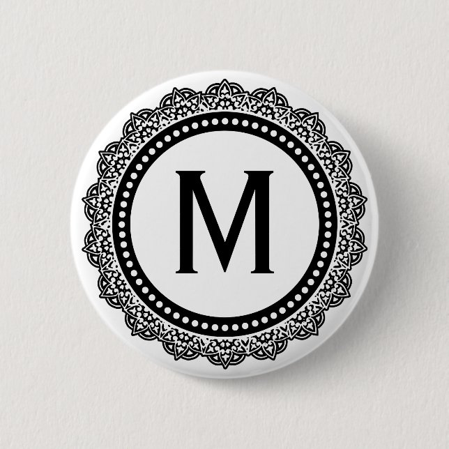 Black And White Medallion Custom Initial 2 Inch Round Button (Front)