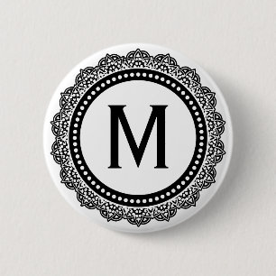 Black And White Medallion Custom Initial 2 Inch Round Button