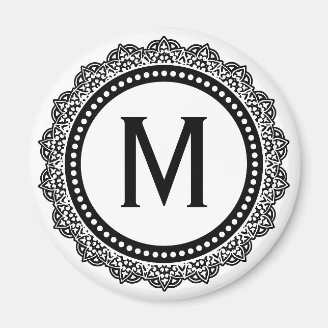 Black And White Medallion Custom Initial Magnet (Front)