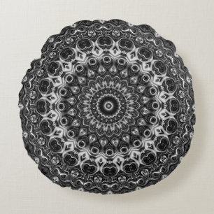 Black and White Medallion Design Round Pillow