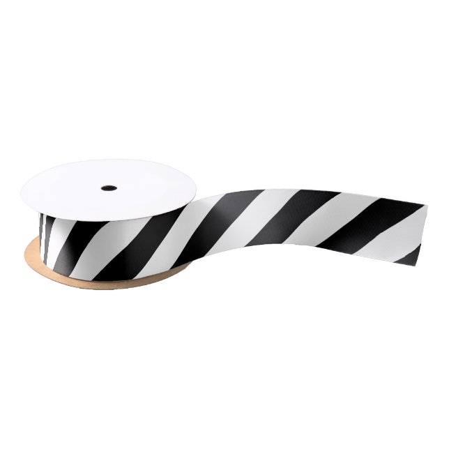 Black and White Medium Diagonal Stripes Ribbon Satin Ribbon (Spool)