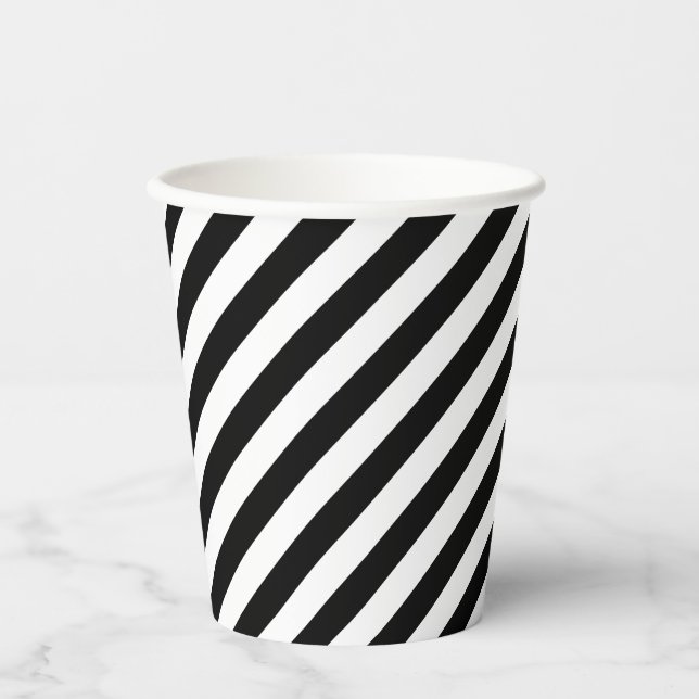 Black and White Medium Size Diagonal Stripes Paper Cups (Front)