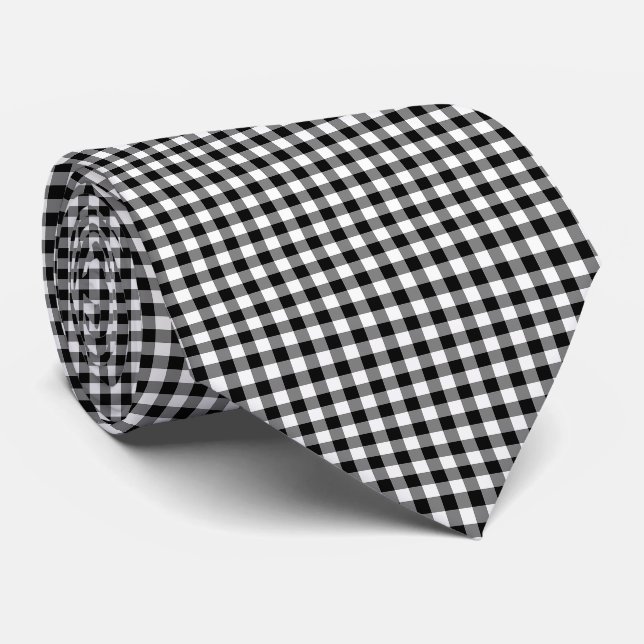 Black and White Medium Size Gingham Checks Tie (Rolled)