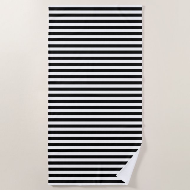 Black and White Medium Size Horizontal Stripes Beach Towel (Front)
