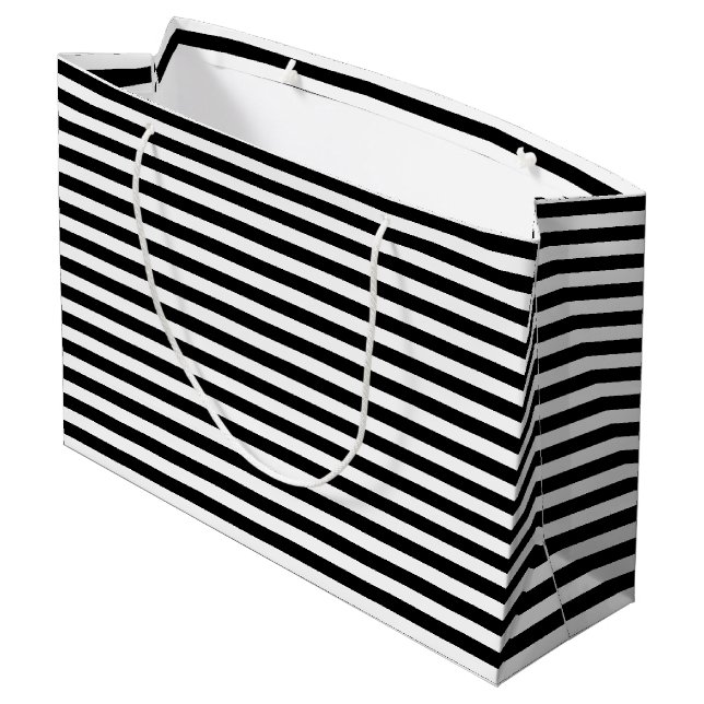 Black and White Medium Size Horizontal Stripes Large Gift Bag (Back Angled)
