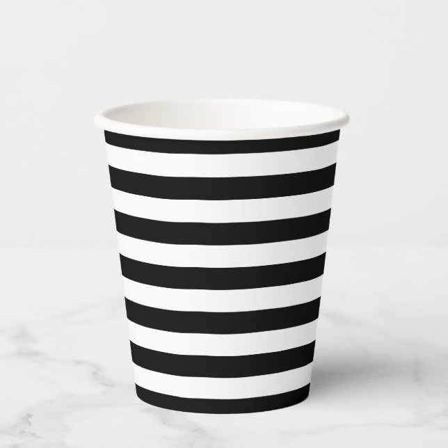 Black and White Medium Size Horizontal Stripes Paper Cups (Front)