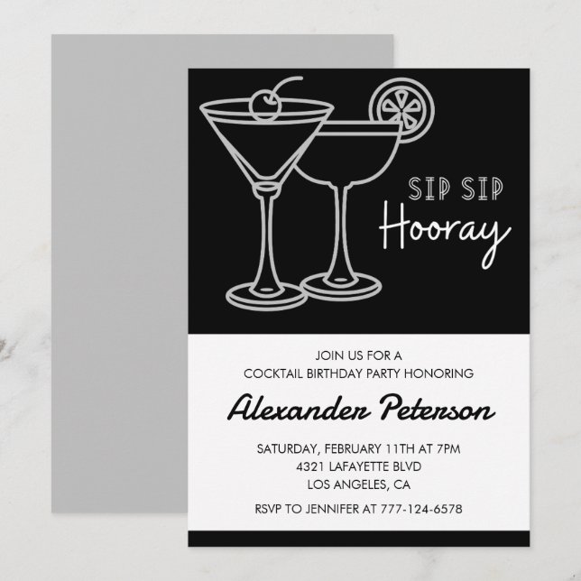 Black and White Men Cocktail 71st birthday Invitation (Front/Back)