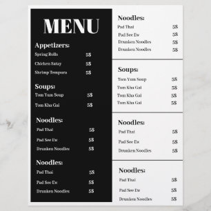 Black and white menu design, simple menu design