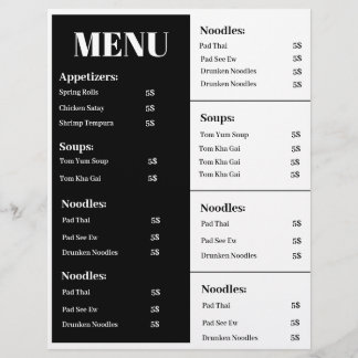 Black and white menu design, simple menu design