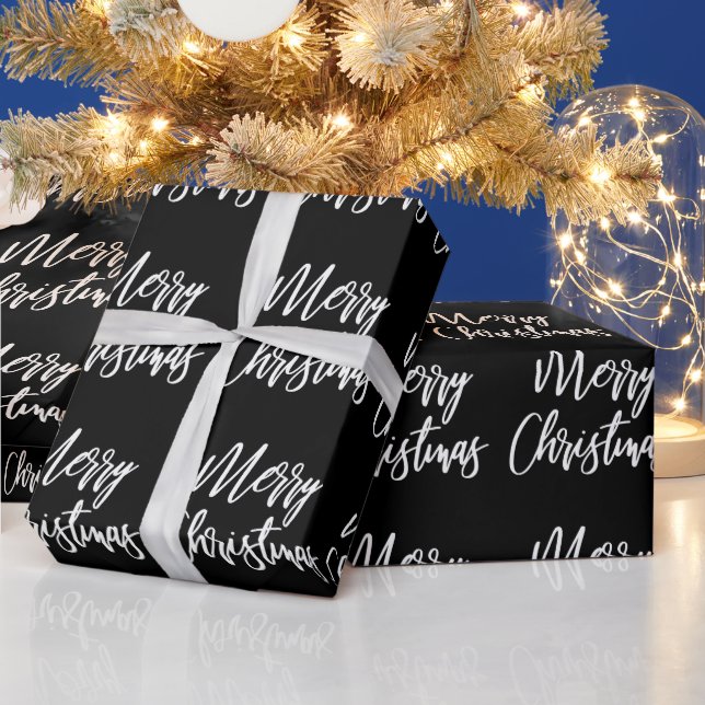 Black and White Merry Christmas Calligraphy Wrapping Paper (Holidays)