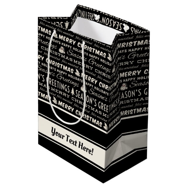 Black and White Merry Christmas Retro Typography Medium Gift Bag (Back Angled)