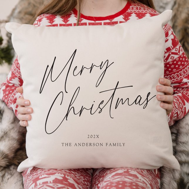 Black and White Merry Christmas Script Photo Throw Pillow (Creator Uploaded)