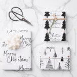 Black and White Merry Christmas Tree Name Wrapping Paper Sheet<br><div class="desc">Beautiful and elegant black and white Merry Christmas wrapping paper set is perfect for those who like a simple and minimalist aesthetic. The  Christmas trees have a tiny gold star. So pretty with the hand written script typography. Add your name or family name to personalize one sheet.</div>