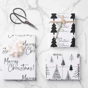 Black and White Merry Christmas Tree Name Wrapping Paper Sheet