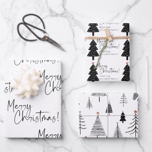 Black and White Merry Christmas Tree Name Wrapping Paper Sheet (Front)