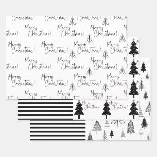 Black and White Merry Christmas Tree Stripe Wrapping Paper Sheet
